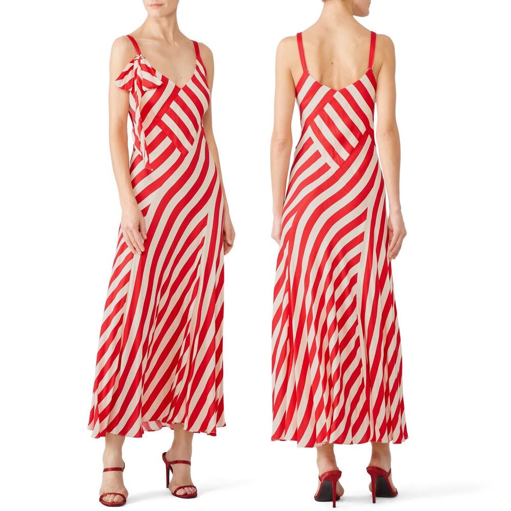 NWOT Jill Stuart Clara Hibiscus and Sand Red Striped Bow Front Maxi Dress 8